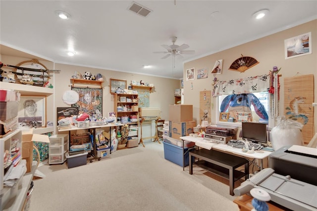 interior space with light carpet, crown molding, and ceiling fan