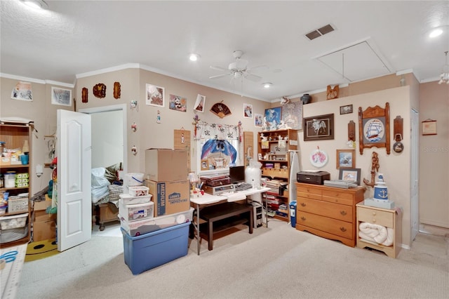 interior space featuring crown molding, light colored carpet, and ceiling fan