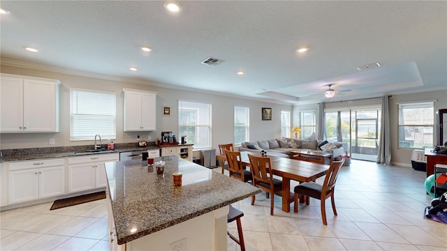 kitchen with sink, dark stone countertops, white cabinets, a center island, and a raised ceiling