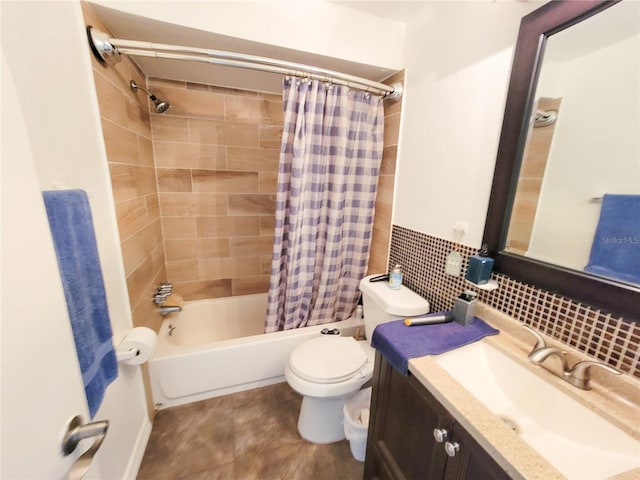 full bathroom with tasteful backsplash, vanity, shower / tub combo with curtain, and toilet