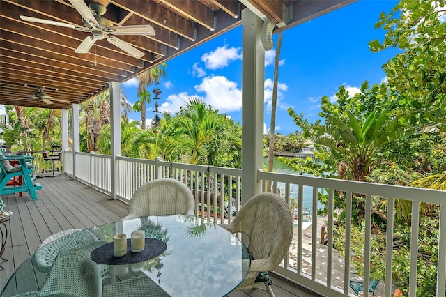 deck featuring a water view and ceiling fan