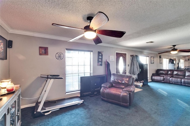 exercise area with ceiling fan, ornamental molding, dark carpet, and a textured ceiling