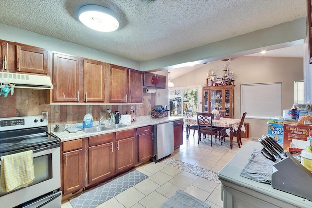 kitchen with sink, a wealth of natural light, vaulted ceiling, and appliances with stainless steel finishes