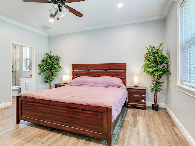 bedroom with ensuite bath, ornamental molding, ceiling fan, and light wood-type flooring