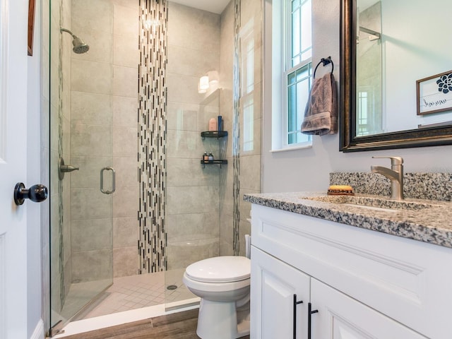 bathroom with vanity, toilet, and an enclosed shower