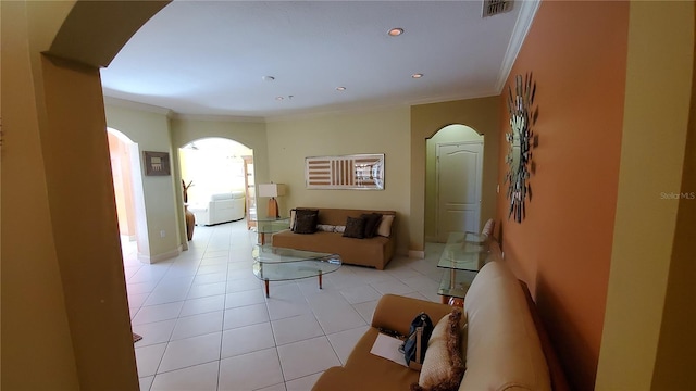 tiled living room with ornamental molding