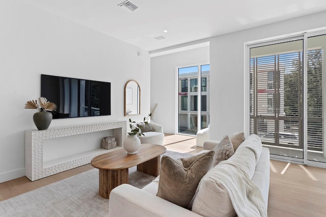 living room with light hardwood / wood-style flooring