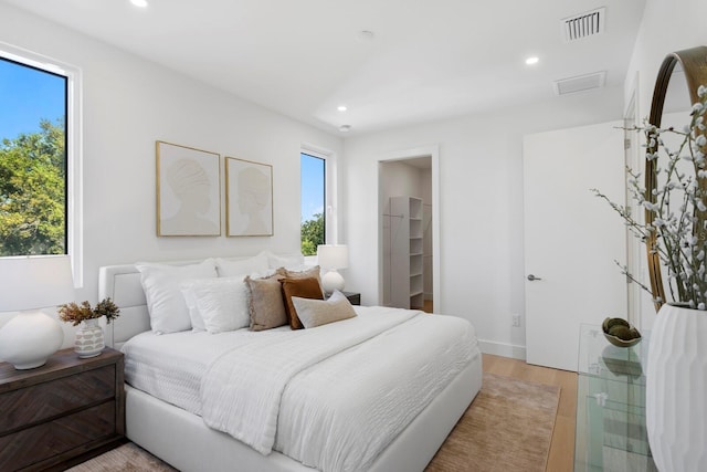 bedroom with light hardwood / wood-style floors, multiple windows, and a spacious closet