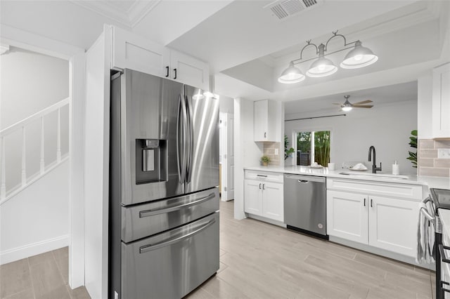 kitchen featuring tasteful backsplash, stainless steel appliances, sink, and white cabinets