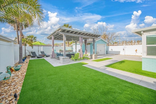 back of property with a yard, an outbuilding, outdoor lounge area, and a patio