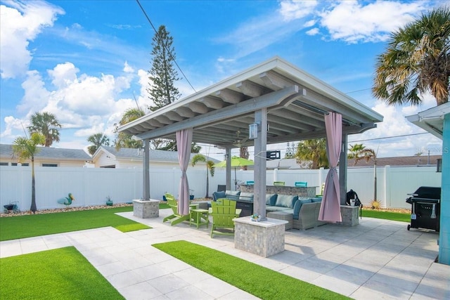 view of patio with an outdoor living space, a gazebo, and a grill