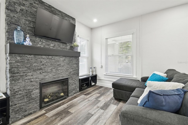 living room with wood-type flooring and a fireplace