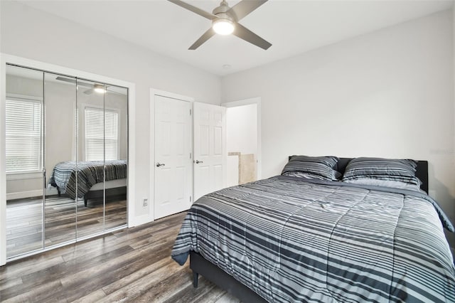 bedroom featuring wood-type flooring, a closet, and ceiling fan