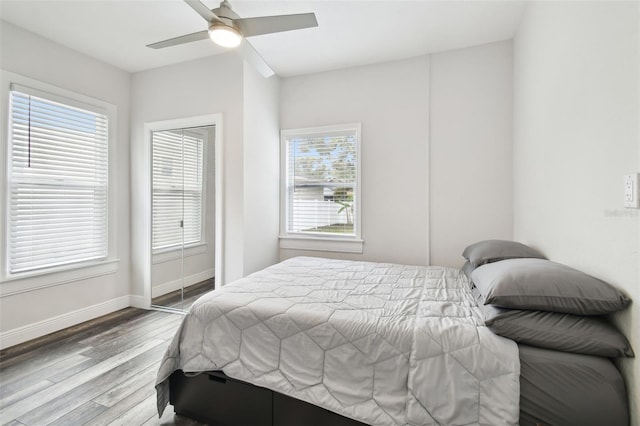 bedroom with multiple windows, wood-type flooring, and ceiling fan