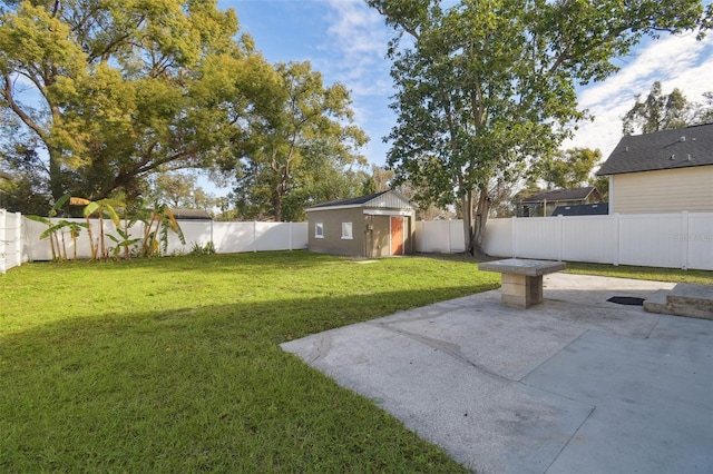 view of yard featuring a patio and a shed