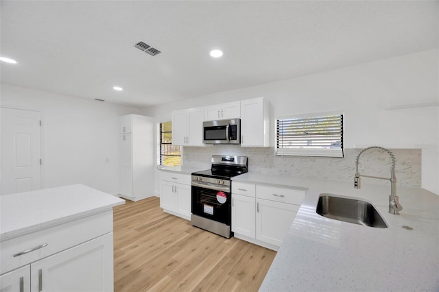 kitchen featuring sink, backsplash, white cabinets, and appliances with stainless steel finishes