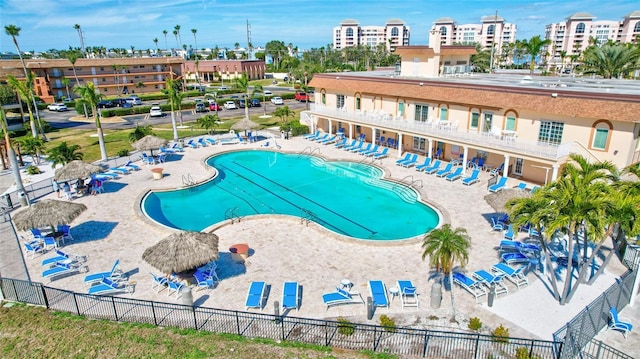 view of swimming pool with a patio