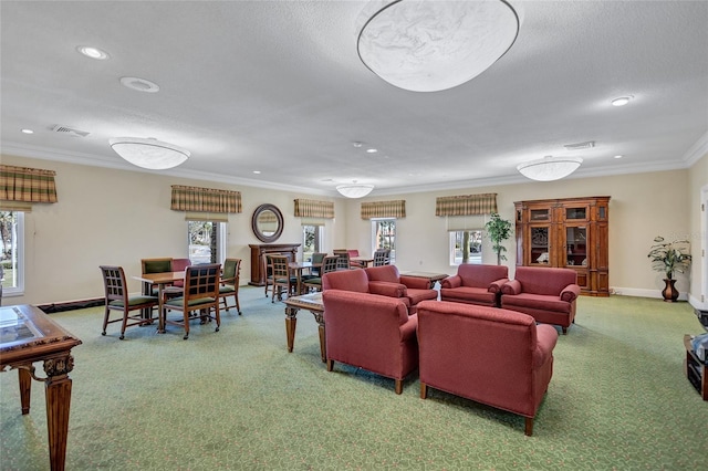 living room with crown molding, a healthy amount of sunlight, light colored carpet, and a textured ceiling