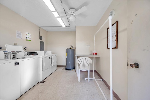 clothes washing area with water heater, separate washer and dryer, electric panel, and ceiling fan