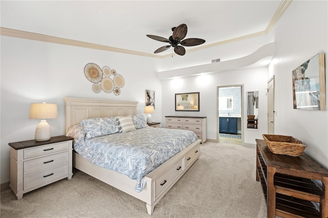 carpeted bedroom featuring connected bathroom, ornamental molding, and ceiling fan