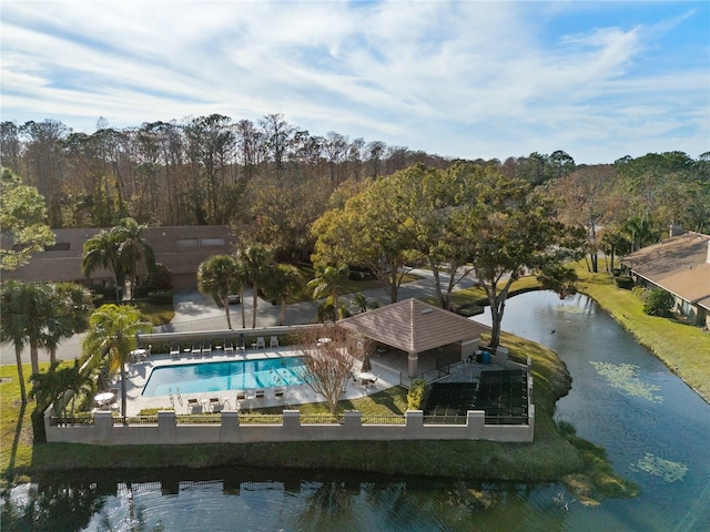 drone / aerial view with a water view