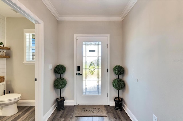 entryway featuring ornamental molding, plenty of natural light, and dark hardwood / wood-style flooring