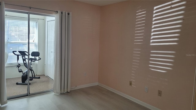 exercise room featuring light hardwood / wood-style floors