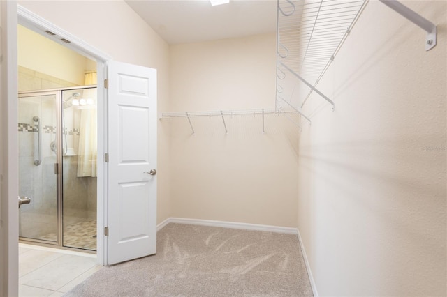 walk in closet featuring light carpet