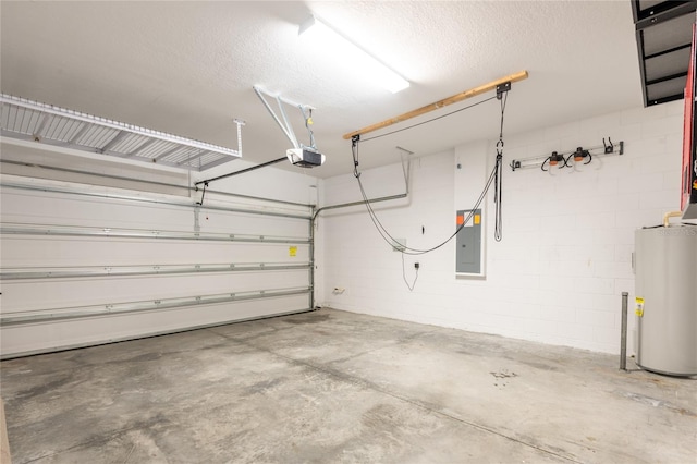 garage with a garage door opener, electric water heater, and electric panel