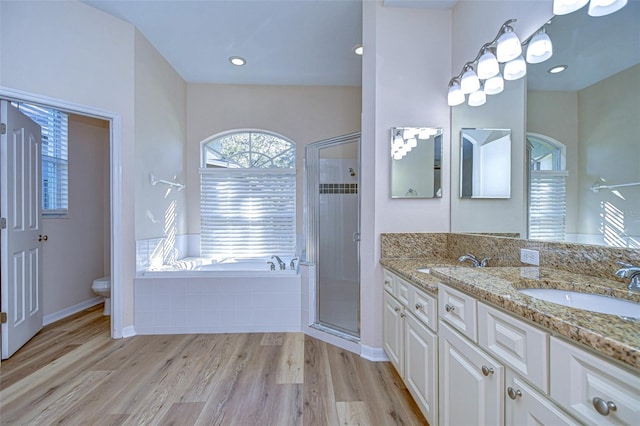 full bathroom featuring hardwood / wood-style flooring, vanity, plus walk in shower, and toilet