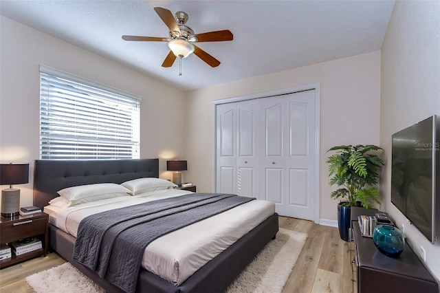 bedroom featuring ceiling fan, light wood-type flooring, and a closet