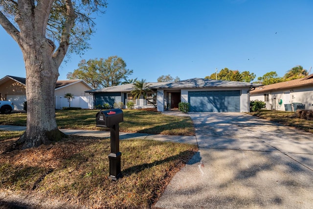 ranch-style house with a garage and a front yard