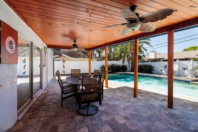 unfurnished sunroom with ceiling fan and wood ceiling