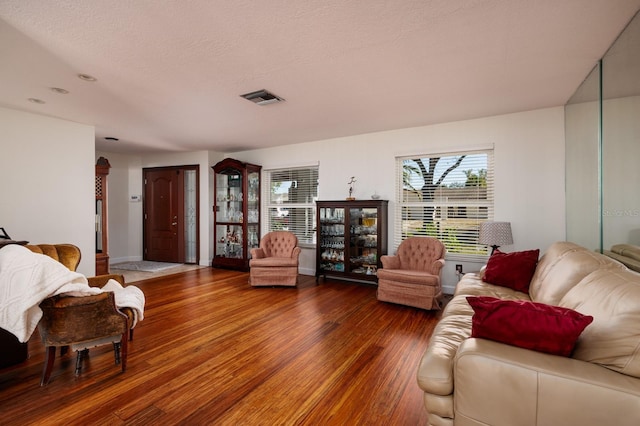 living room featuring hardwood / wood-style flooring and a textured ceiling