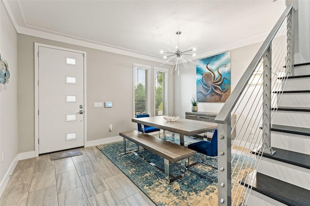 dining space with baseboards, ornamental molding, stairs, and a notable chandelier