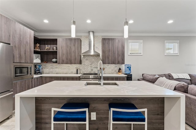 kitchen featuring wall chimney range hood, modern cabinets, appliances with stainless steel finishes, and a sink