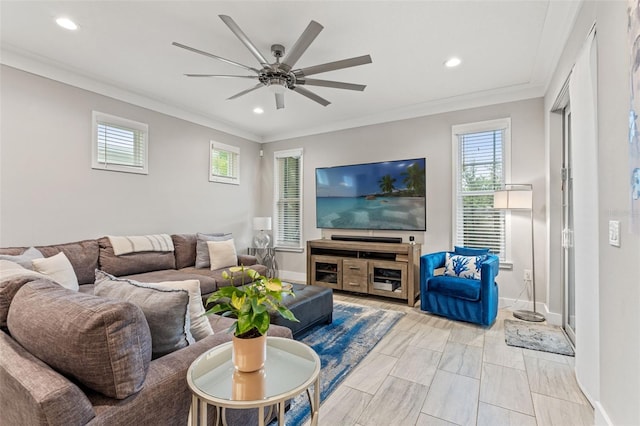 living area with a ceiling fan, recessed lighting, and crown molding