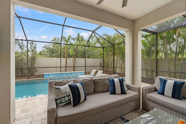 exterior space featuring glass enclosure, a fenced backyard, an outdoor living space, and a fenced in pool