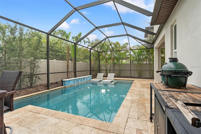 view of pool featuring glass enclosure, a fenced backyard, a fenced in pool, and a grill