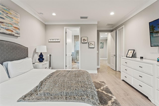 bedroom with recessed lighting, visible vents, light wood-style flooring, ornamental molding, and baseboards