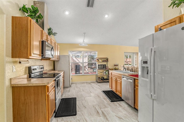 kitchen with sink, plenty of natural light, stainless steel appliances, and a textured ceiling