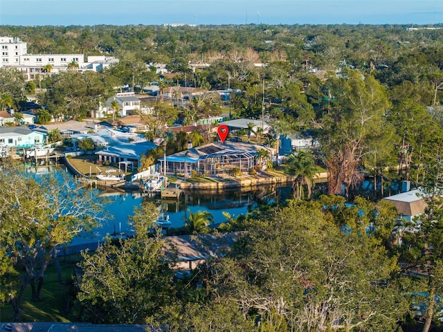 bird's eye view with a water view