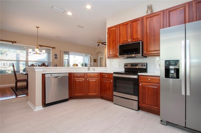 kitchen with sink, hanging light fixtures, stainless steel appliances, decorative backsplash, and kitchen peninsula