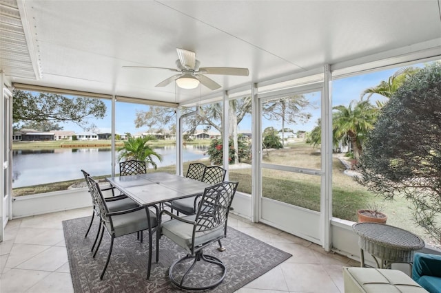 sunroom / solarium with a wealth of natural light, ceiling fan, and a water view