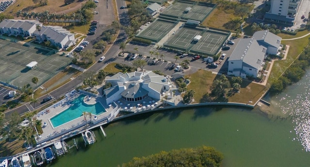 bird's eye view with a water view