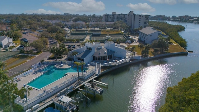 birds eye view of property featuring a water view