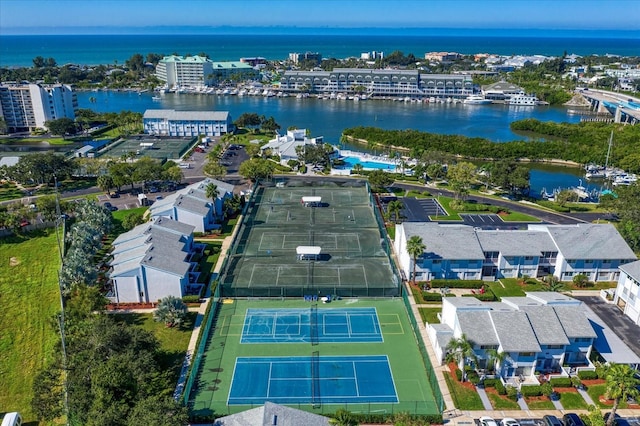 birds eye view of property featuring a water view