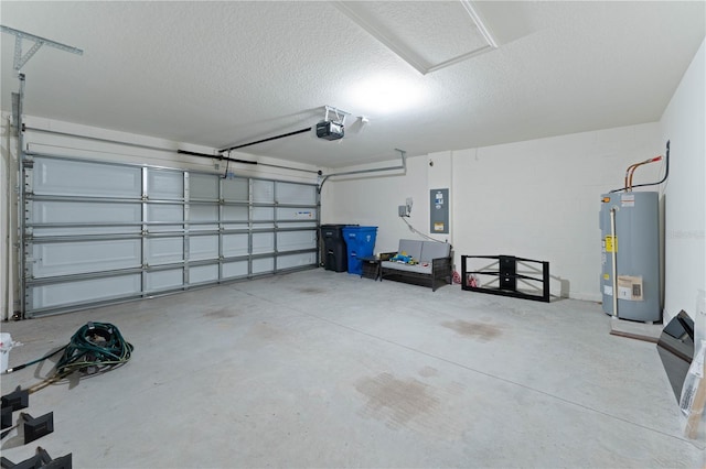 garage featuring water heater, a garage door opener, and electric panel