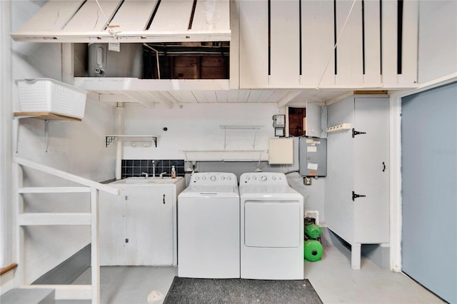 laundry area with electric panel and washer and dryer