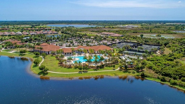 drone / aerial view featuring a water view